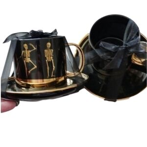 Elegance Black + Gold Whimsical Skeletons Posing Coffee Tea Cups + Saucers, Set2